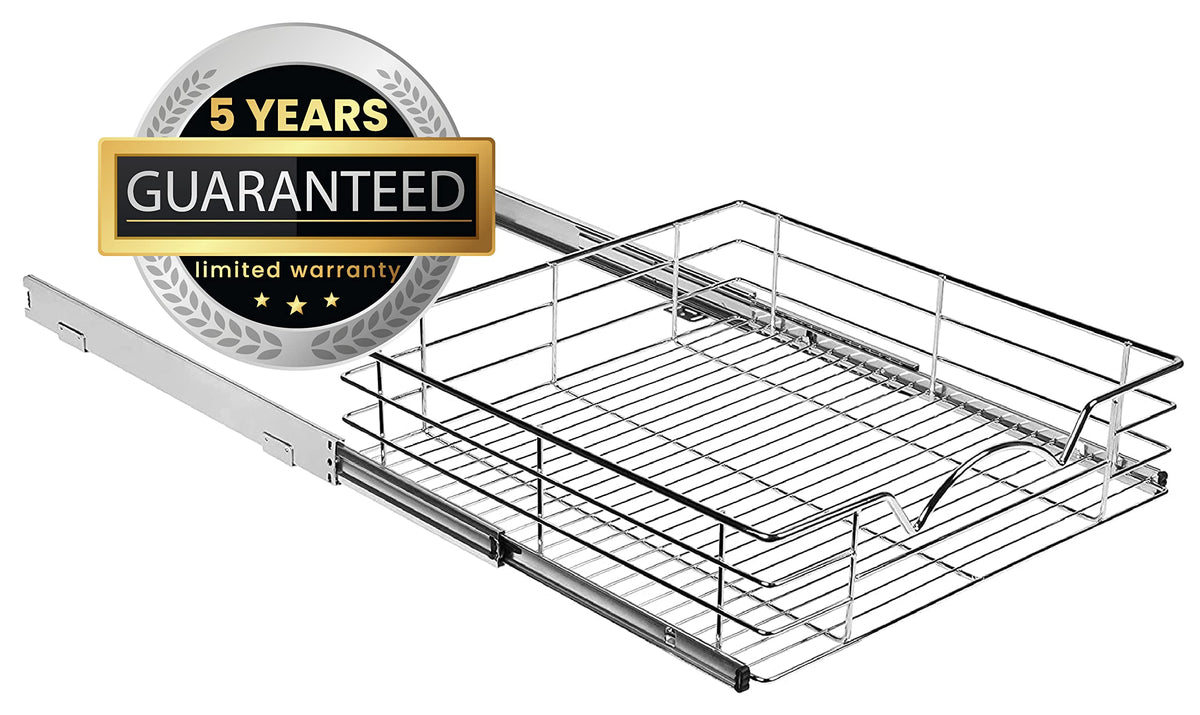 Cabinet Pull Out Shelves – 5”High Slide Out Cabinet Organizer Basket – Heavy Gauge Metal Wire - Pull Out Drawer For Kitchen Cabinets – 5 year Limited Warranty.