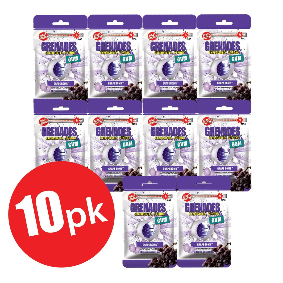 Grenades Gum - 10pk Single Flavor Bundle Pack - 8 Flavor Options - 300 pcs