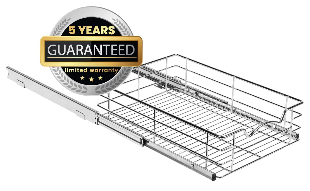 Cabinet Pull Out Shelves – 5”High Slide Out Cabinet Organizer Basket – Heavy Gauge Metal Wire - Pull Out Drawer For Kitchen Cabinets – 5 year Limited Warranty.