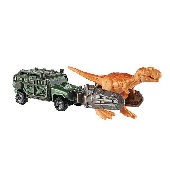 Matchbox Jurassic ወርልድ ዲኖ አጓጓዦች ታይራንኖ-ሀውለር ተሽከርካሪ እና ምስል