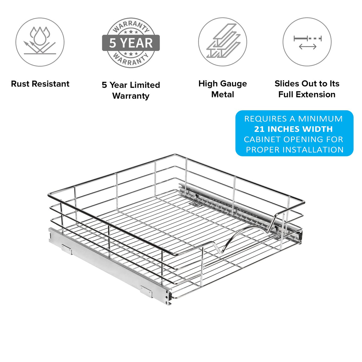 Cabinet Pull Out Shelves – 5”High Slide Out Cabinet Organizer Basket – Heavy Gauge Metal Wire - Pull Out Drawer For Kitchen Cabinets – 5 year Limited Warranty.