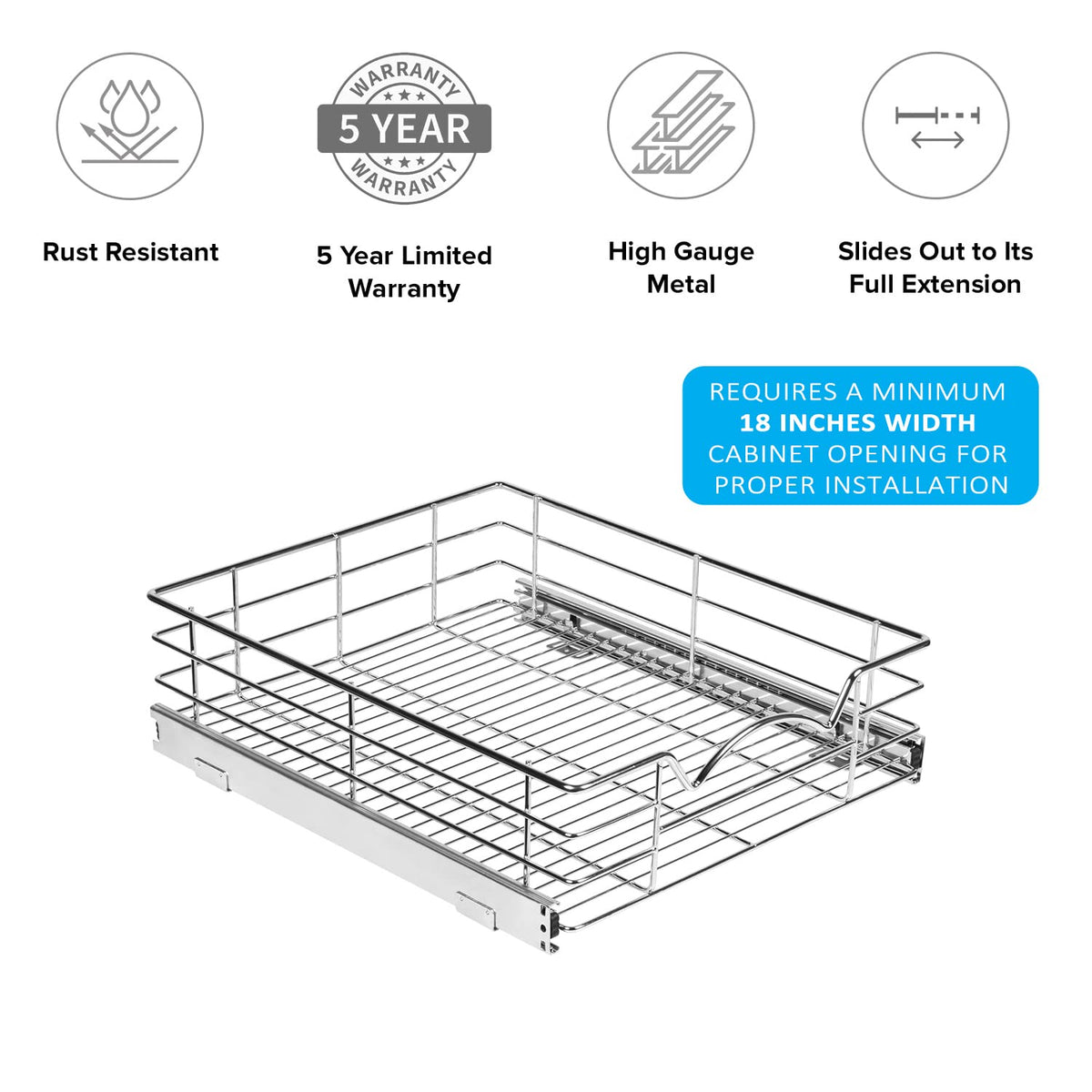 Cabinet Pull Out Shelves – 5”High Slide Out Cabinet Organizer Basket – Heavy Gauge Metal Wire - Pull Out Drawer For Kitchen Cabinets – 5 year Limited Warranty.