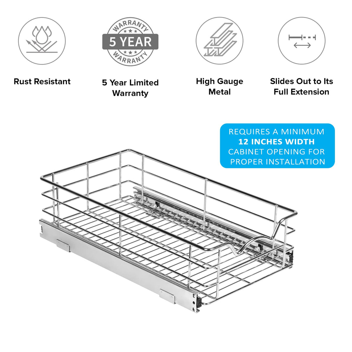 Cabinet Pull Out Shelves – 5”High Slide Out Cabinet Organizer Basket – Heavy Gauge Metal Wire - Pull Out Drawer For Kitchen Cabinets – 5 year Limited Warranty.