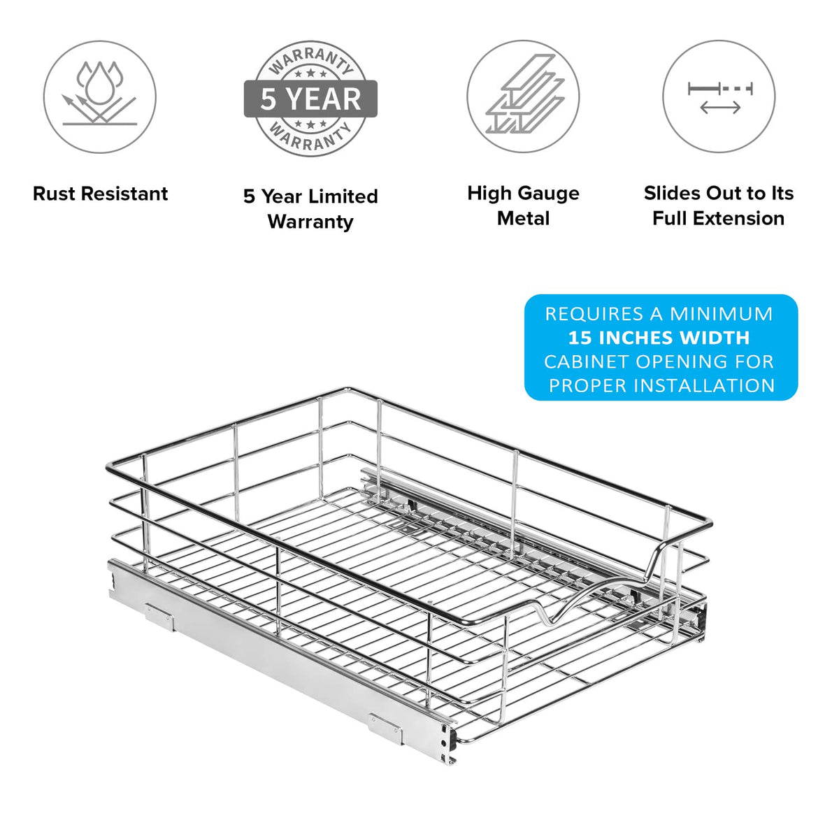 Cabinet Pull Out Shelves – 5”High Slide Out Cabinet Organizer Basket – Heavy Gauge Metal Wire - Pull Out Drawer For Kitchen Cabinets – 5 year Limited Warranty.