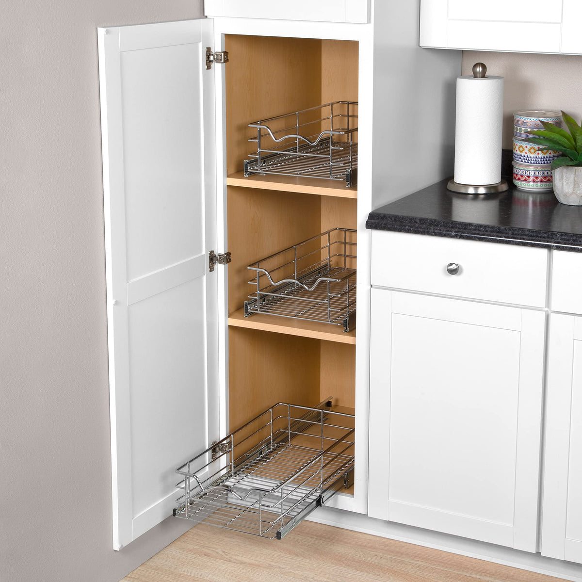 Cabinet Pull Out Shelves – 5”High Slide Out Cabinet Organizer Basket – Heavy Gauge Metal Wire - Pull Out Drawer For Kitchen Cabinets – 5 year Limited Warranty.