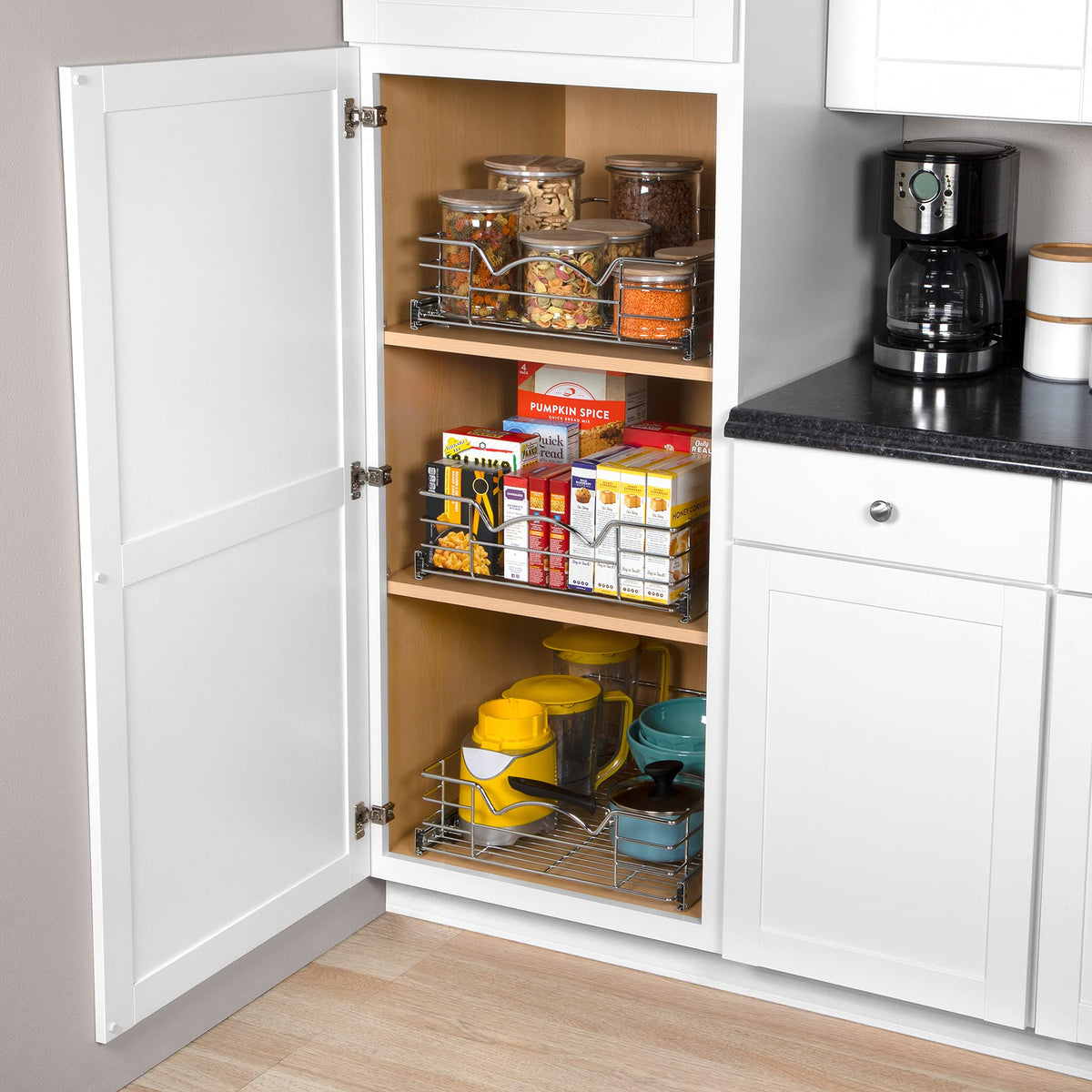 Cabinet Pull Out Shelves – 5”High Slide Out Cabinet Organizer Basket – Heavy Gauge Metal Wire - Pull Out Drawer For Kitchen Cabinets – 5 year Limited Warranty.