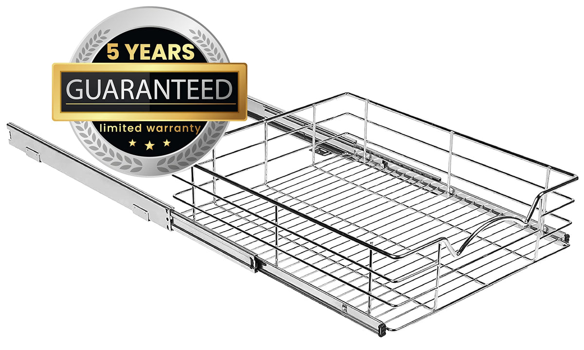 Cabinet Pull Out Shelves – 5”High Slide Out Cabinet Organizer Basket – Heavy Gauge Metal Wire - Pull Out Drawer For Kitchen Cabinets – 5 year Limited Warranty.