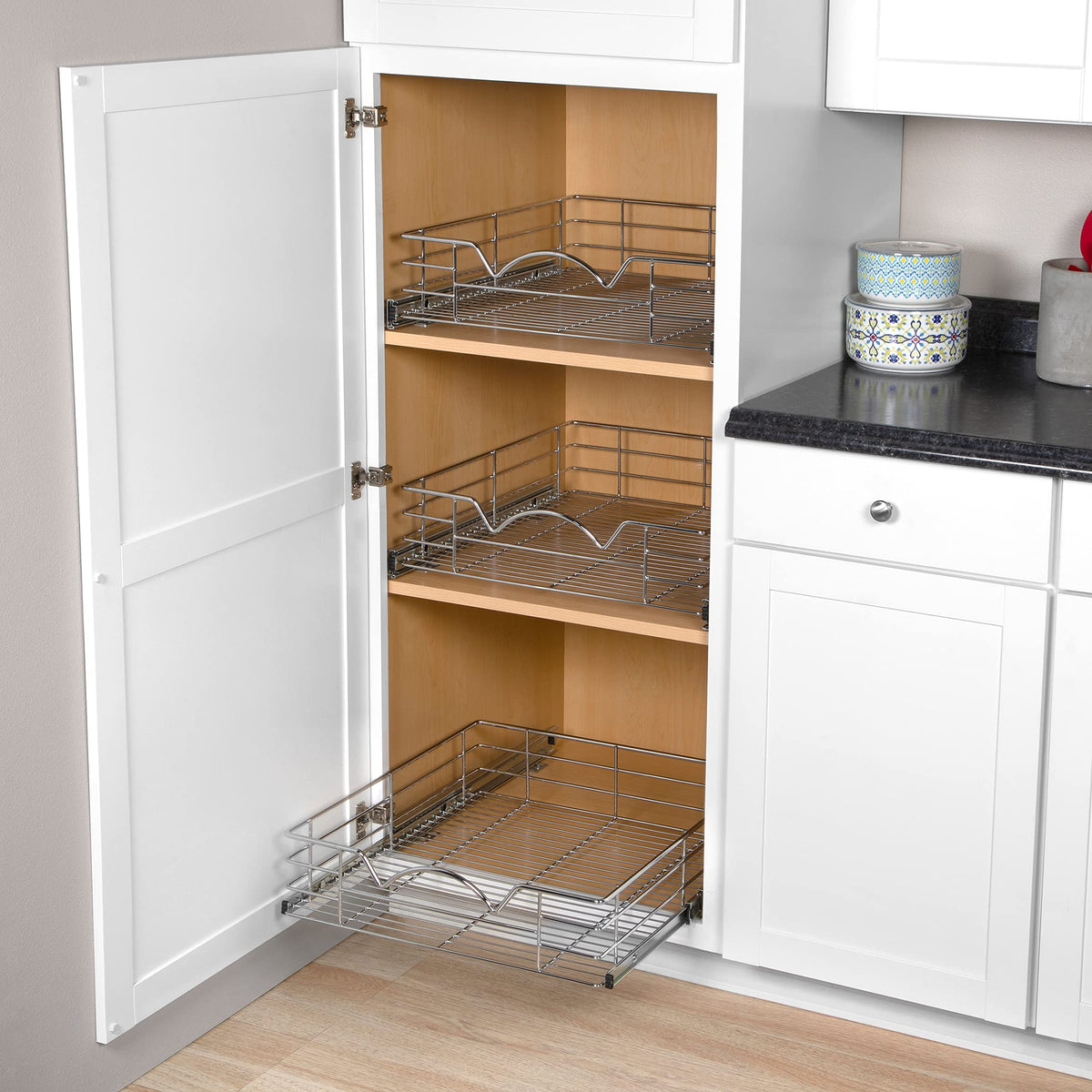 Cabinet Pull Out Shelves – 5”High Slide Out Cabinet Organizer Basket – Heavy Gauge Metal Wire - Pull Out Drawer For Kitchen Cabinets – 5 year Limited Warranty.