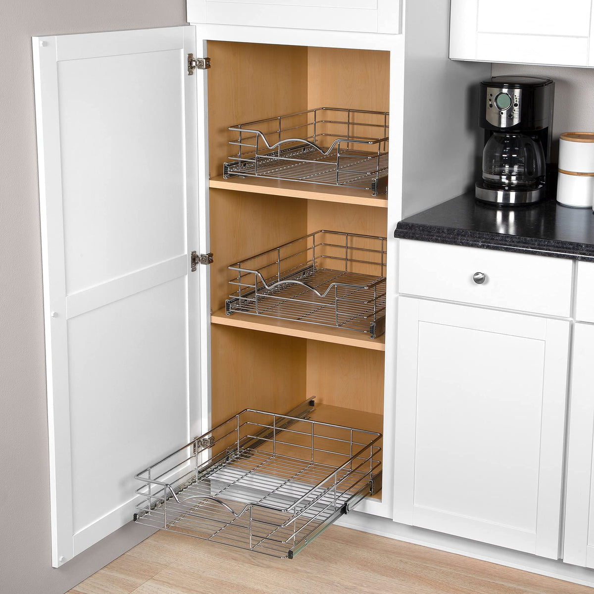Cabinet Pull Out Shelves – 5”High Slide Out Cabinet Organizer Basket – Heavy Gauge Metal Wire - Pull Out Drawer For Kitchen Cabinets – 5 year Limited Warranty.