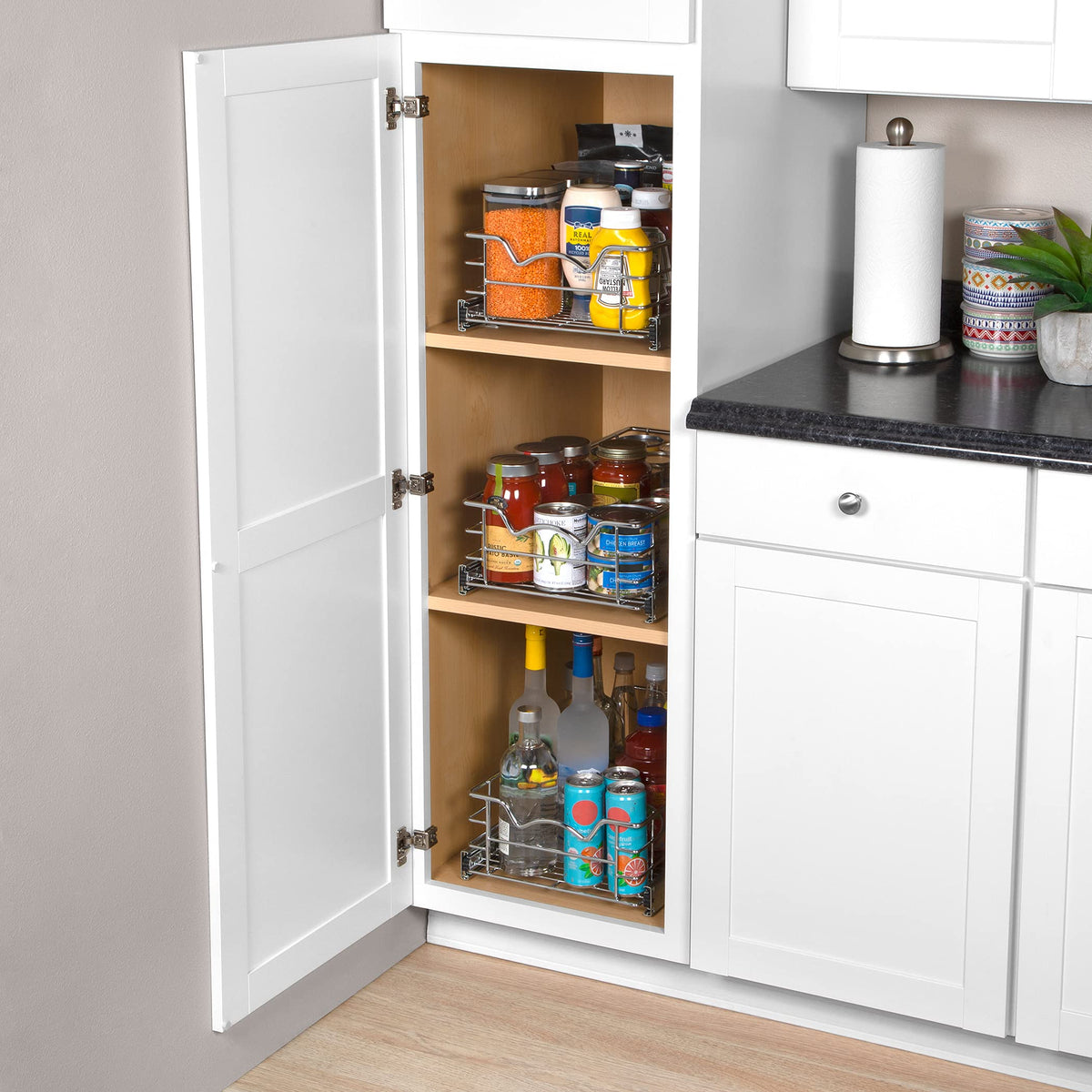 Cabinet Pull Out Shelves – 5”High Slide Out Cabinet Organizer Basket – Heavy Gauge Metal Wire - Pull Out Drawer For Kitchen Cabinets – 5 year Limited Warranty.