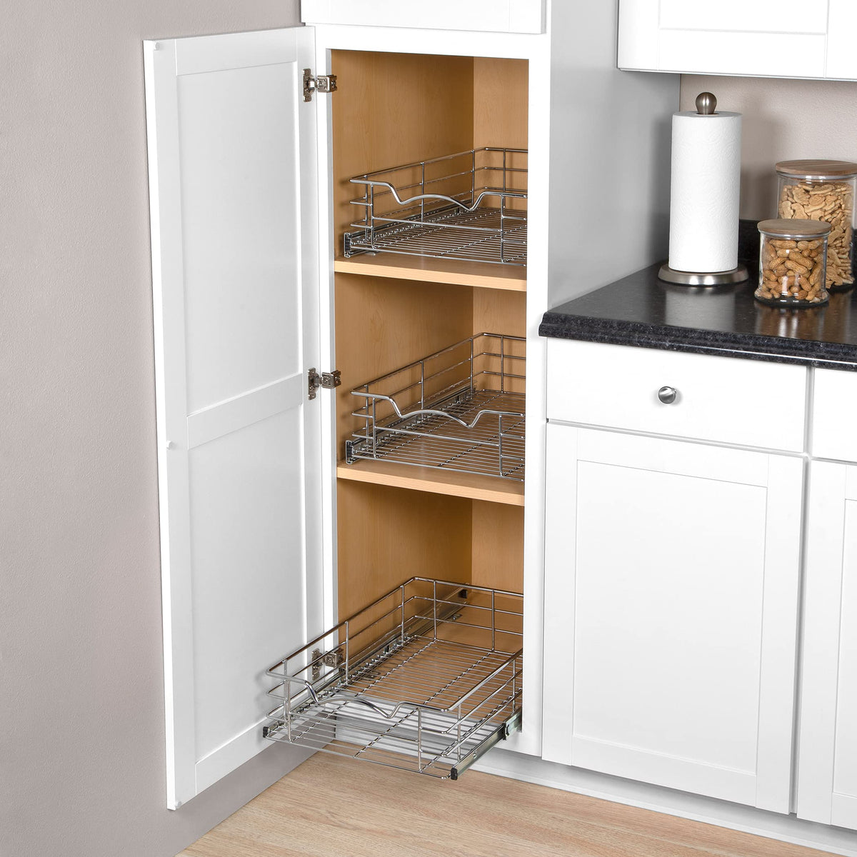 Cabinet Pull Out Shelves – 5”High Slide Out Cabinet Organizer Basket – Heavy Gauge Metal Wire - Pull Out Drawer For Kitchen Cabinets – 5 year Limited Warranty.