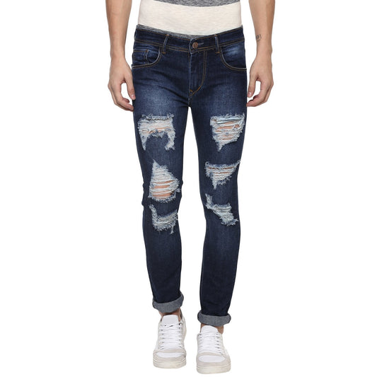 Urbano Men's Heavy Distressed/Ripped Blue Slim Fit Stretch Jeans