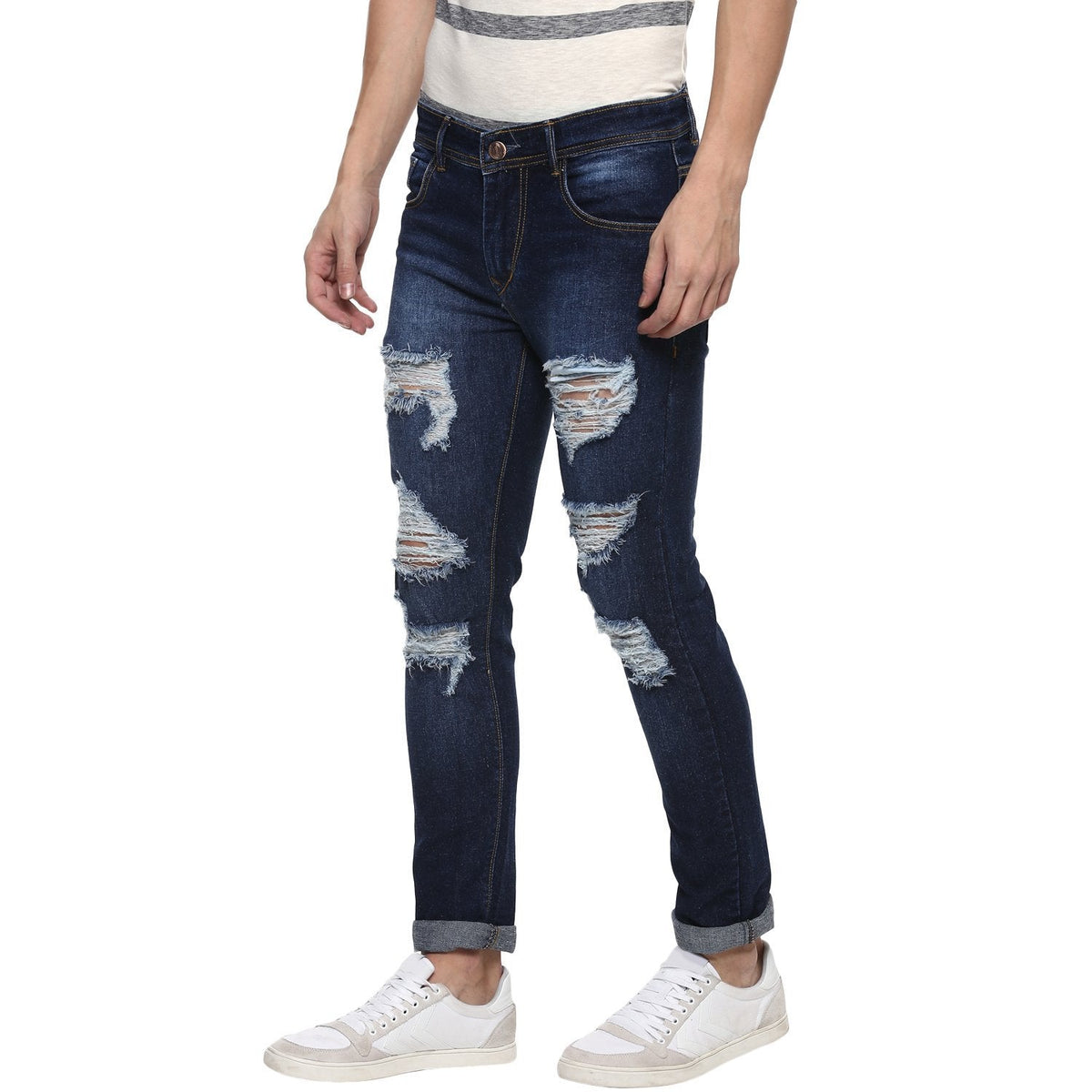 Urbano Men's Heavy Distressed/Ripped Blue Slim Fit Stretch Jeans