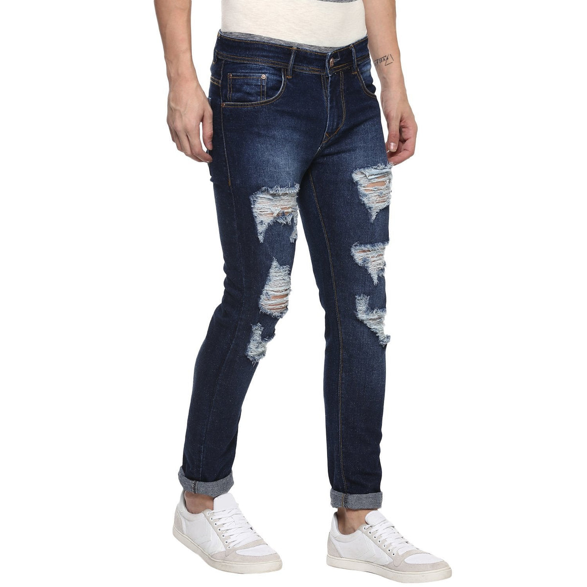 Urbano Men's Heavy Distressed/Ripped Blue Slim Fit Stretch Jeans