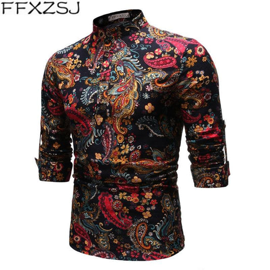 Men's national style youth autumn printed shirt